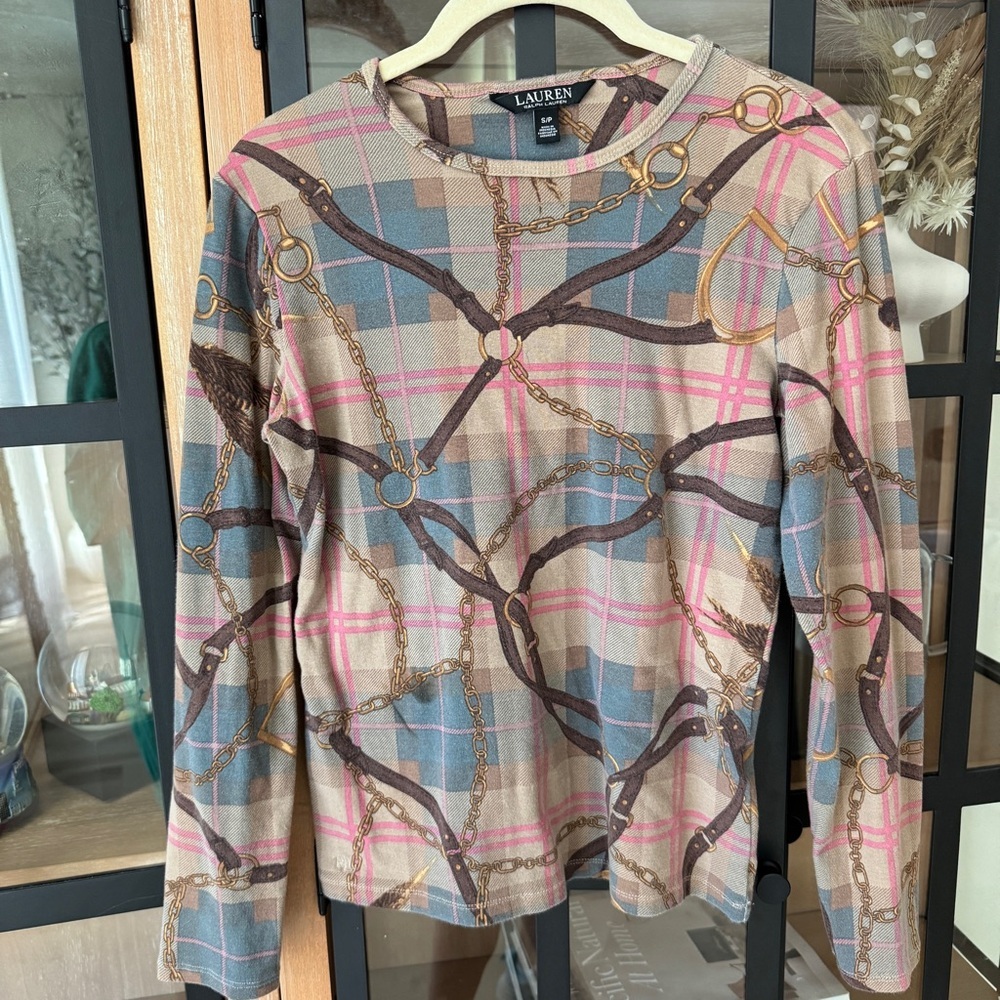 Ralph Lauren Equestrian Plaid Long Sleeve Top Chains Hardware Preppy Stretch